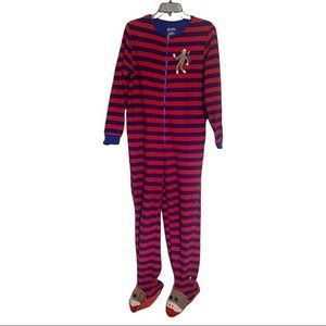 NICK & NORA Monkey Union Suit Footed Pajamas Red/Blue Striped Fleece Size Small